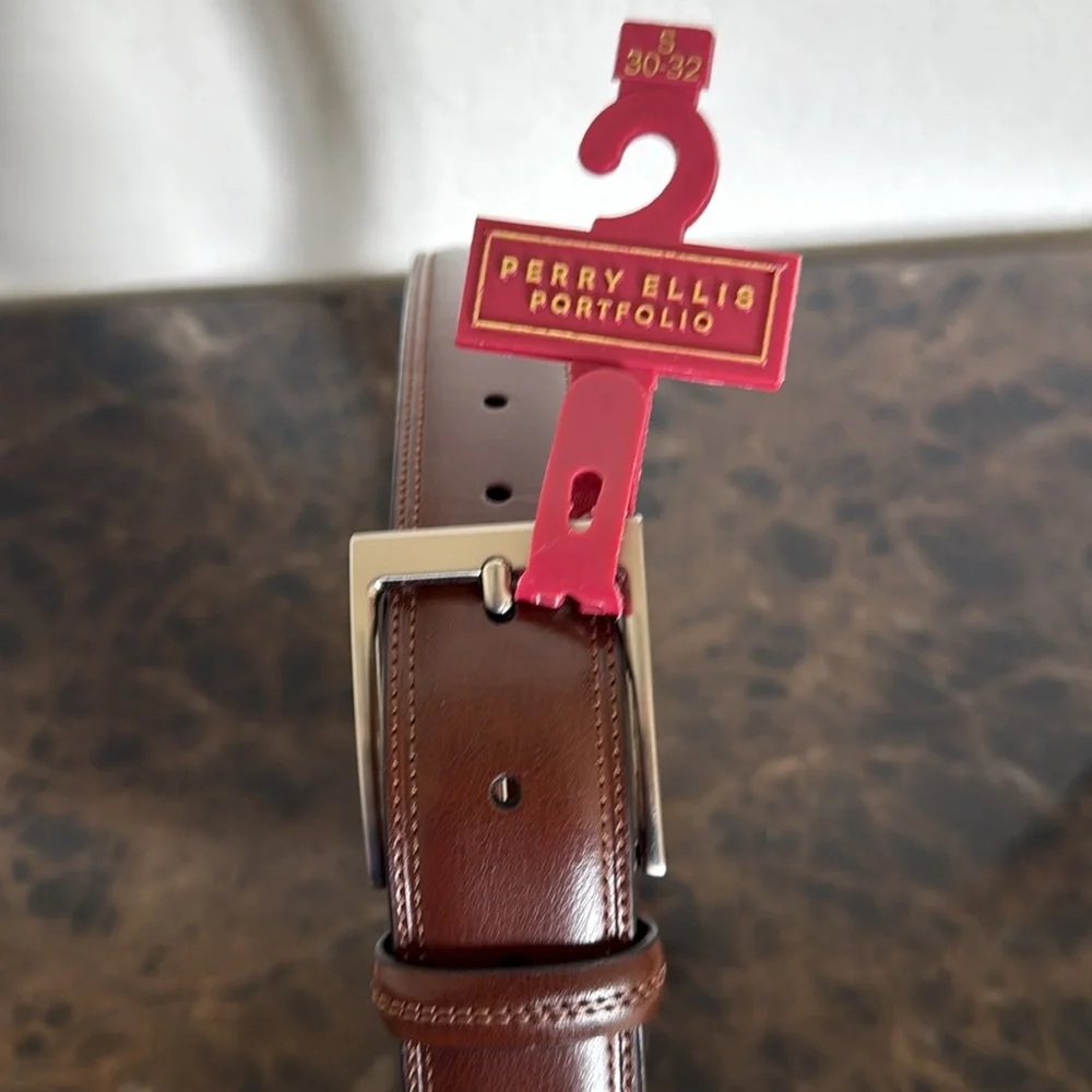 New! Perry Ellis Portfolio Men's Brown Leather Dress Belt, Size Small (30-32)